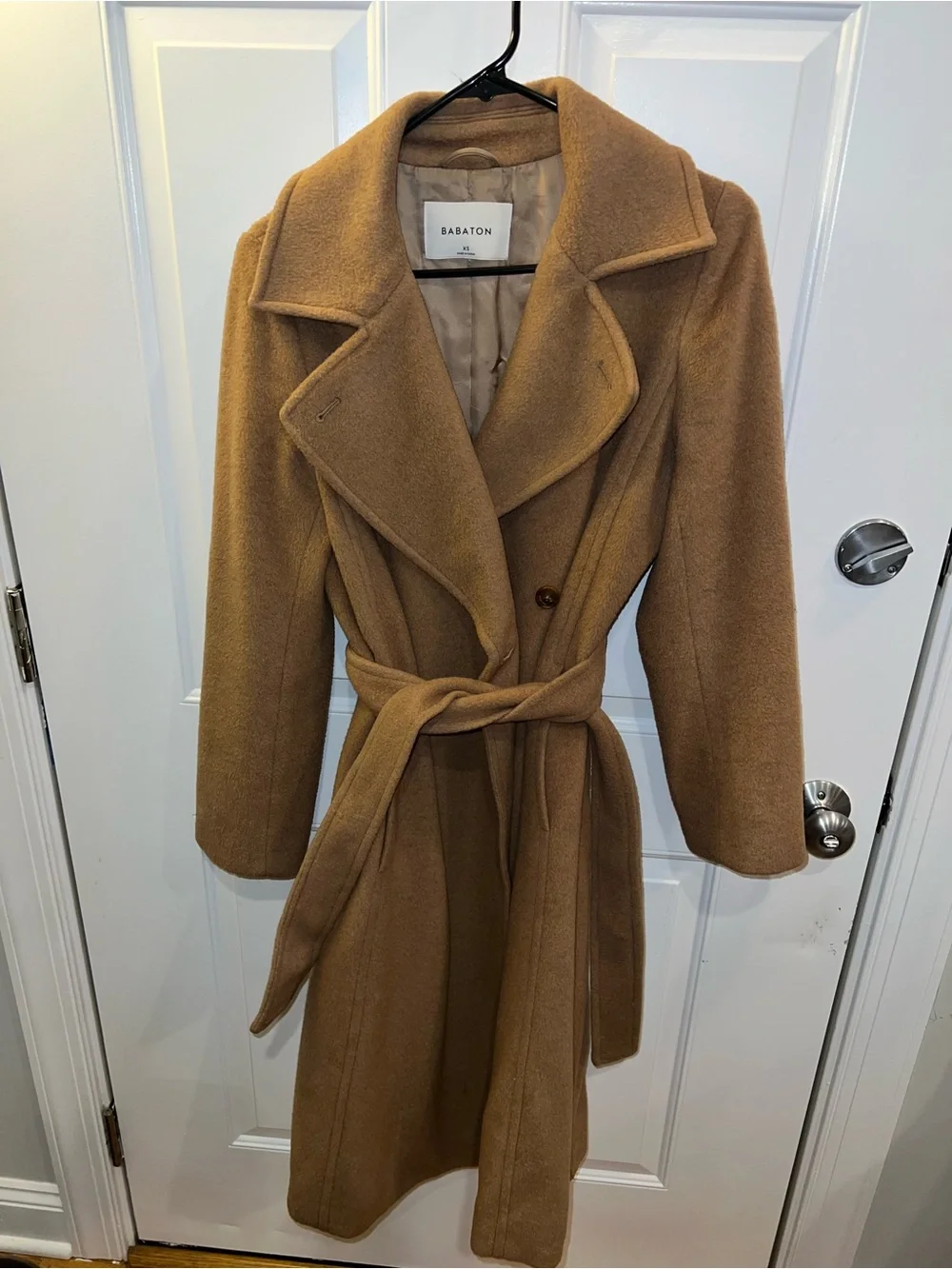Aritzia Babaton Camel Tan Wool Tie Coat